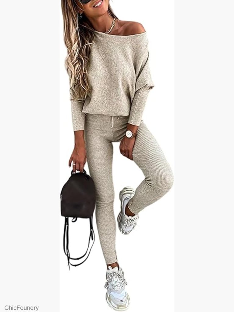 Long Sleeve Knit Pullover Drawstring Pants Set Medium Stretch Lounge Outfit